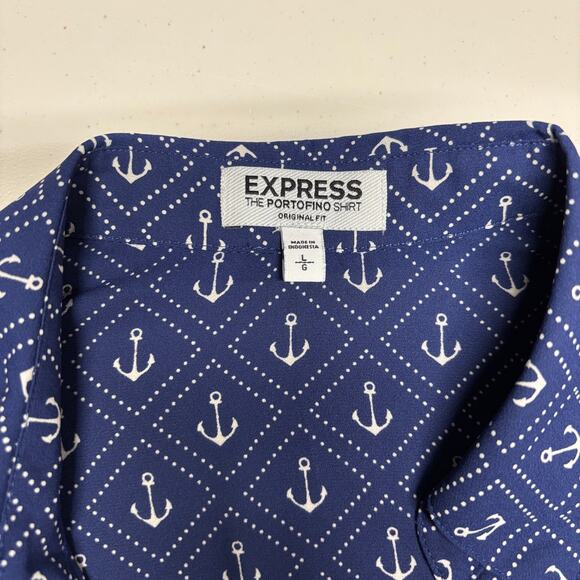 Express Portofino Shirt Original Fit Large Blue Anchor Print polyester nautical - Picture 5 of 6